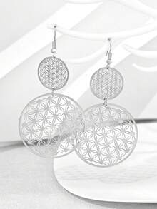 1 Pasang Anting Hoop Wanita Motif Bunga Berongga Vintage, Cocok untuk Pemakaian Sehari-hari dan Liburan - Perak - View 2