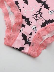 Dircho 5pcs Women's Sexy Cute Gothic Contrast Lace Bikini Panties - Allover Skull & Moon Print Silky Soft Comfy Intimates Underwear, Stretch Breathable Elastic Waist Lightweight Daily Lingerie Set - Multicolor - View 5