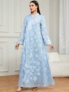 Áo choàng Kaftan thanh lịch dành cho nữ, cổ chữ V, thêu và đính cườm, kiểu Jalabiya dài, thích hợp cho tiệc tùng, hẹn hò, mặc hàng ngày và nghỉ lễ Eid ở nhà vào mùa xuân. - Màu xanh lam - Xem 5