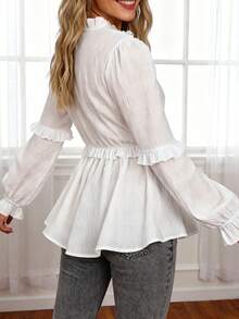 ii Women's Elegant Textured V-Neck Frill Trim Long Sleeve Blouse White Spring - White - View 5