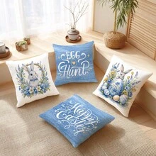 4pcs Spring Easter Minimalist Blue Floral Cute Rabbit & Egg Pillow Cover Set, Single-Sided Printed Peach Velvet Polyester Material, 45*45CM Cushion Cover For Modern Fabric Sofa Indoor Decor, Party Decoration, Gift - Multicolor - View 6