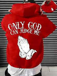 Men's Christian Faith Hooded Sweatshirt With Only God Can Judge Me Printed On The Back And Prayer Hand Design-Hoodie With OF A LOVING GOD Print-Unisex - 紅色 - 查看 8