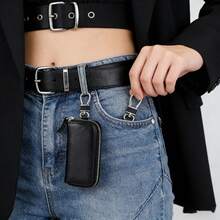 Men's Casual Faux Leather Key Chain Holder, Black, Multifunctional Car Key Fob With Zipper, High-Quality Faux Leather Material, Durable And Fashionable, Suitable For Daily Commute - Multicolor - View 3