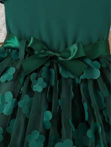 Girls' Deep Green Princess Dress, 3D Floral Mesh Tulle Skirt, Cinched Waist, Birthday Party Dress - Green - View 5