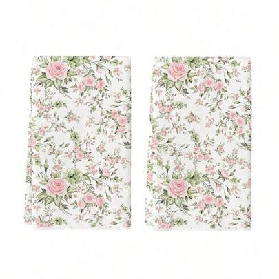 2pcs French Romantic Pink Rose Kitchen Towels Set, Super Absorbent Soft Cleaning Cloth, Farmhouse Style Dish Towels, Kitchen Dish Cloths, Hand Towels, Tea Towels, Suitable For Kitchen, Dining Room, Tabletop