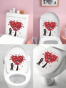 Valentine's Day Romantic Heart Tree Toilet Seat Sticker, Bathtub Sticker, Window Sticker, Cabinet Sticker - Gentle Embrace & Kiss Design, Easy To Apply Bathroom Decor, One-Time Smooth Texture, Valentine's Day Cartoon Heart Tree Pattern, Glossy Finish, Valentine's Day Decor, Waterproof Toilet Tank Sticker, Bathroom Wall Tank Sticker