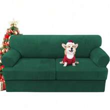 Trugenix-Sofa Cover 2 Piece T Cushion Armchair Slipcovers Velvet Couch Cover Furniture Protector Stretch T Cushion Sofa Covers For 1 Cushion Couch With 1 Individual T Cushion Covers, Deep Teal-GP - 綠色 - 查看 8