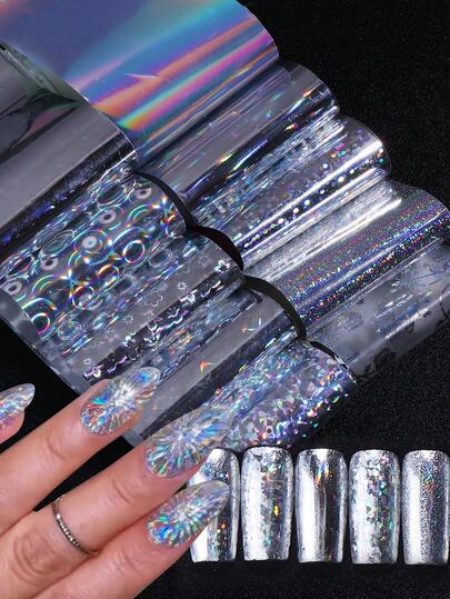 10pcs Holographic Nail Stickers, Size 20x4cm, Shiny Sequin Nail Stickers, Line Geometric Floral Rose Starry Sky Pattern, Full Cover DIY Nail Art Decorations, Suitable For Women And Girls