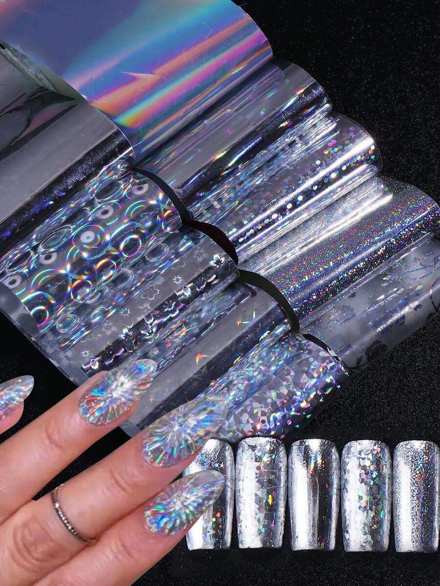 10pcs Holographic Nail Stickers, Size 20x4cm, Shiny Sequin Nail Stickers, Line Geometric Floral Rose Starry Sky Pattern, Full Cover DIY Nail Art Decorations, Suitable For Women And Girls - Multicolor - View 1