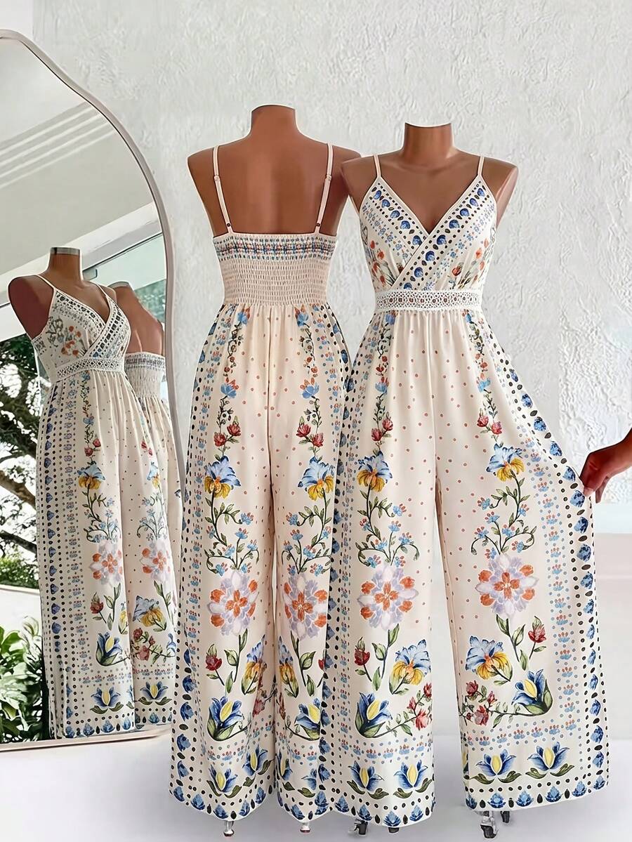 Women's Floral Print Jumpsuit: Boho Ruffled V-Neck Romper With Smocked Waist & Wide Leg. Perfect For Music Festivals, Beach Vacations, Garden Parties, Or Summer Wedding Guest Outfits. - 混合色 - 查看 1