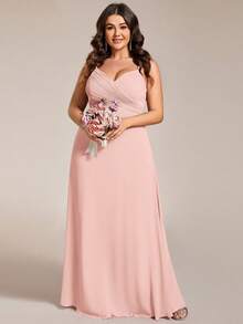 EVERPRETTY 优雅V领褶皱胸部淡粉色伴娘礼服，春季长款礼服 - 粉色 - 查看 3