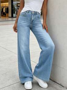 Women's Elegant & Casual Commuter Light Blue Zipper Button Elastic Wide Leg Pants - Light Wash - View 6