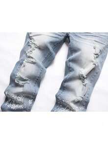 Trajes callejeros de moda Jeans para hombre Pantalones de mezclilla con agujeros perforados de color morado Pantalones ajustados ajustados cómodos Pantalones informales de moda vintage para hombre - Neblina azul - Ver 3