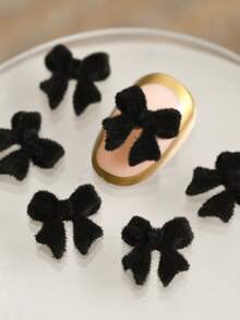 50pcs Mixed Winter Flocked Cute Black Bowknot Nail Art Decorations, 3D Flocked Kawaii Resin Ribbon Bow Decor, DIY Nail Art Accessories - Black - View 4
