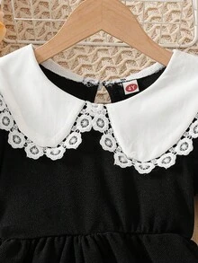 少女时尚休闲可爱彼得潘领荷叶边连衣裙 - 黑色 - 查看 3