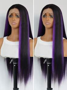 200% Density 24" 13X4 HD Lace Front Wig - Hand-Tied Black Silky Straight With Purple Highlights, Glueless Heat Resistant Synthetic - Purple Highlight - View 5