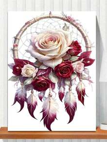 羽毛玫瑰捕梦网钻石画套装，成人款，全钻圆形钻石画，适合房间装饰、卧室装饰或作为生日礼物送给朋友 - 彩色 - 查看 2