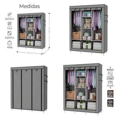 asfdRaganet Closet Plegable de 4 Niveles Color Gris Organizador de Ropa Minimalista Telas y Barras Resistentes y Duraderas Organizacion de Ropa Calzado y Accesorios Armable y Desmontablews