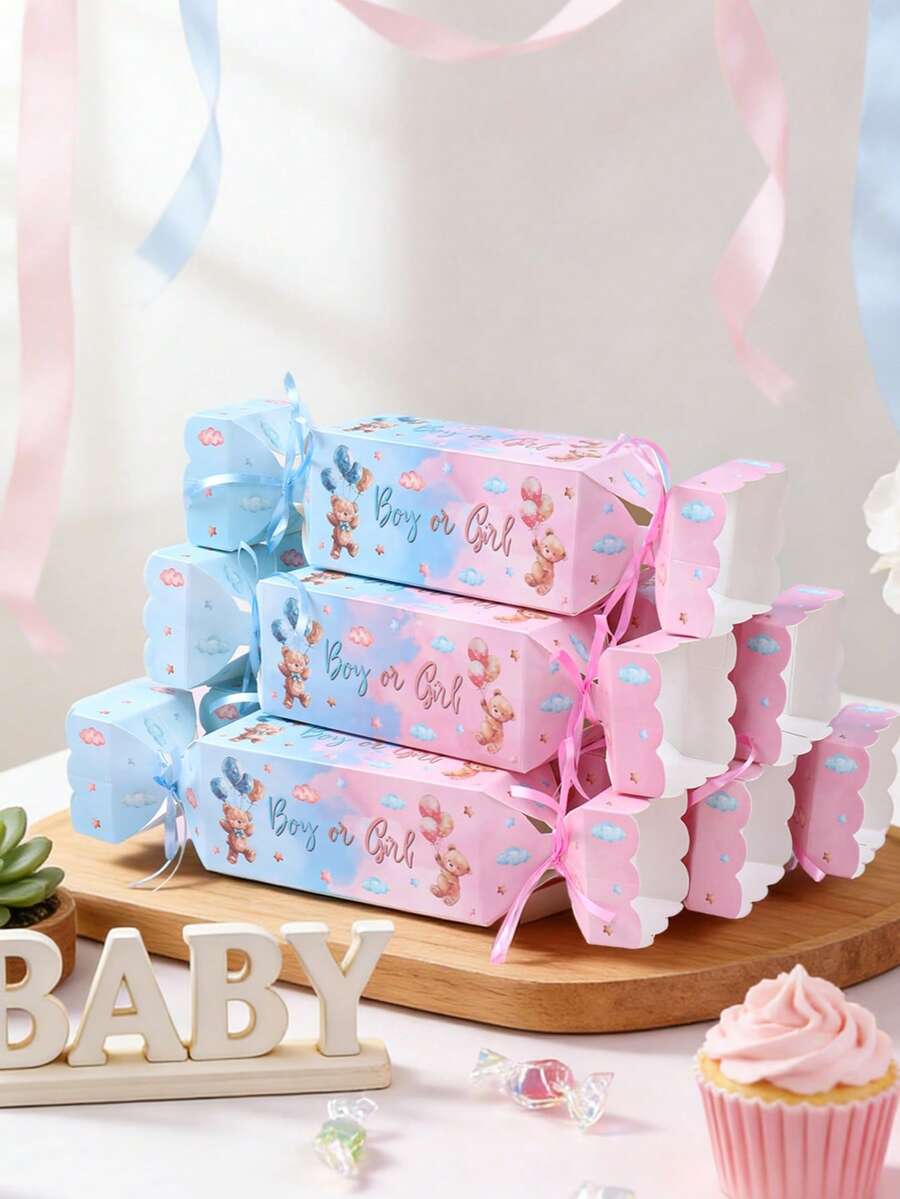 6 piezas Cajas de regalo para fiesta de revelación de género con diseño de osos pequeños en rosa y azul, cajas de dulces con patrón de osos para fiesta de revelación de género, regalos para fiesta de 1er cumpleaños, recuerdos para baby shower, cajas para snacks, suministros para fiesta de revelación de género niño o niña, embalaje para regalos de hornear, cajas para alimentos, decoraciones para fiesta de cumpleaños, decoración para revelación de género, decoraciones para baby shower, regalos para revelación de género, decoración de mesa para fiesta de recién nacido