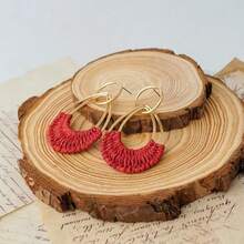 Raffia Hoop Earrings For Women Fun Boho Summer Beach Earrings Lightweight Handmade Straw Wicker Rattan Dangle Earrings Statement Geometric Round Drop Earrings - Red-teardrop - View 5