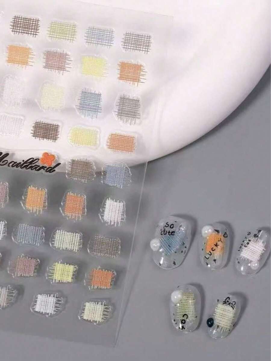1pc Autumn/Winter Grid Nail Sticker, 3D Embossed Colorful Dopamine Grid Cloth Patch With Self-Adhesive, Versatile Delicate Nail Art Decor Sticker Nails Nail Supplies Nail Stickers - Multicolor - View 1