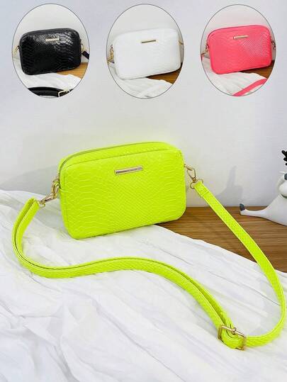 1 pieza Bolso bandolera minimalista de metal con acento de piel de serpiente de unicolor para niñas, adecuado para varias ocasiones, gran regalo