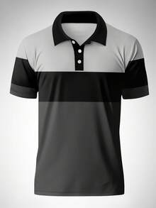 Men's Comfortable Contrast Color Casual Short Sleeve Polo Shirt, Summer Sports - Grey - View 2
