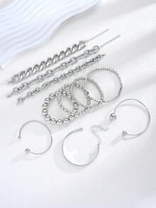 Bộ 10 vòng tay và lắc tay hạt cườm kiểu cổ điển tối giản, thiết kế hình đồng xu cũ, nhiều lớp, dạng dây xích dày, thích hợp cho hẹn hò, du lịch, mặc hàng ngày, dự tiệc, làm quà tặng ngày lễ cho phụ nữ. - Bạc - Xem 8