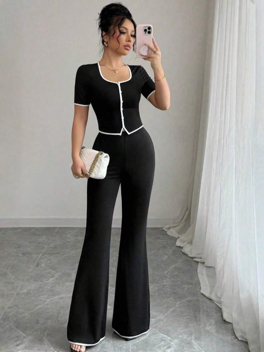 KKV Conjunto de dos piezas top ajustado de manga corta en color liso con pantalón - Negro - Ver 1