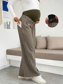 Pregnant Women's Casual Solid Color Pleated Wide-Leg Pants, Suitable For Banquets, Business Occasions, Spring/Summer/Autumn - Army Green - View 5