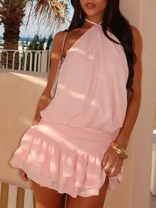 Women's 2026 Summer Halter Dresses Sleeveless Open Back Ruffle Tiered Layered Chiffon Pleated A Line Swing Mini Dress - Pink - View 7