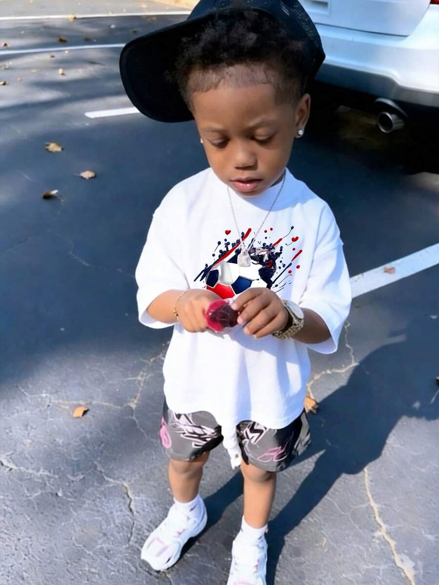 1pc Toddler Boys' Creative Cartoon Graphic Letter Slogan Print Basic Crew Neck Short Sleeve T-Shirt, Casual & Fashionable Baby Boy Clothing - White - View 1