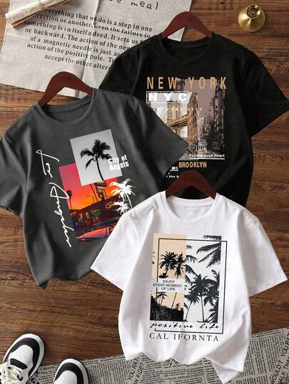 3pcs Boys' Landscape Graphic Print Crew Neck Short Sleeve T-Shirts, Summer Tops