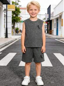 Bộ 2 món trang phục thường ngày cho bé trai, gồm áo thun họa tiết mềm mại, thoáng khí và quần short, thích hợp cho mùa hè - Xám - Xem 2