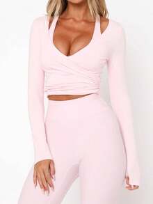 Ballet Wrap Tops For Women Y2K Long Sleeve Ballet Pilates Yoga Wrap Tie Back Tops Deep V Neck Cross Wrap Workout Gym Shirts Cardigan - 粉色 - 查看 1