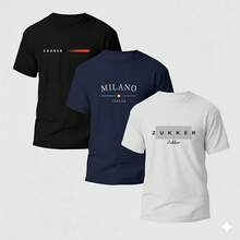 Set Of 3 Men's Crew Neck T-Shirts, Cotton Shirts, Comfortable Slim Fit, Immediate Shipping, Stylish Print, Various Colors - đen/xanh nước biển/trắng - Xem 1