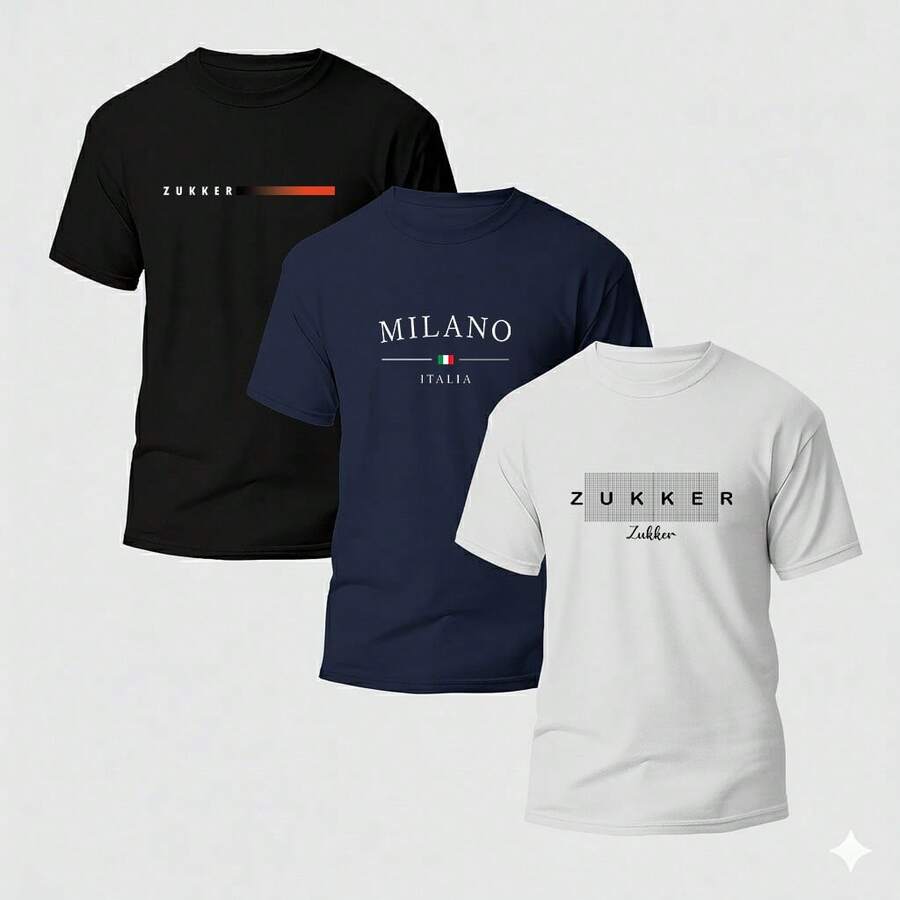 Set Of 3 Men's Crew Neck T-Shirts, Cotton Shirts, Comfortable Slim Fit, Immediate Shipping, Stylish Print, Various Colors - đen/xanh nước biển/trắng - Xem 1