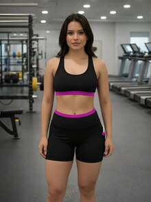 Gym Shorts With Pockets And A Top With An Opening For Padding. - Đen với tím - Xem 2