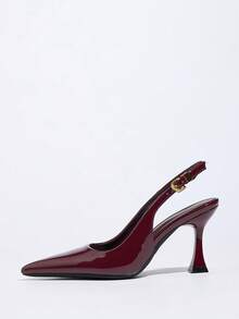 2026 New Non-Fatiguing Red Sole Cloth Women's High Heel Pumps, Thin Heel, Pointed Toe, Asymmetric Heel, Elastic Back Closed Toe Sandals - Burgundy - View 4