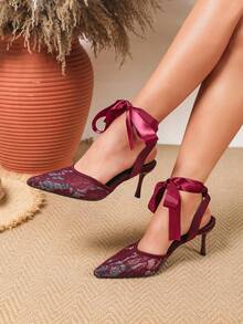 Mules femininas de renda com laço, bico fino, salto alto e sem calcanhar, confortáveis e elegantes, versáteis, perfeitas para eventos ao ar livre e festas. - Borgonha - Ver 2