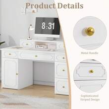 Computer Desk With 7 Drawers And Hutch, 54 Inch Home Office White Writing Desk With File Drawer And Shelves For Work Writing Study, Vanity Desk With Golden Handle For Girls, Bedroom, Black/ White - White - View 5