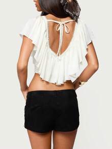 Women's Ruffled Cropped Knit Tops: Elegant Solid Hue, Delicate Lace-Trimmed, Adjustable Tie-Back With V-Neck Summer Tops - White - View 2