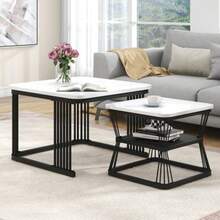(N625P173136Z) Set Of 2 Modern Side Tables, MDF With Marble Look, Steel Tube White High Gloss Black, 2 Tables Measuring 65x65x45 Cm And 45x45x39.5 Cm - White - View 3