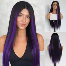200% Density 24" 13X4 HD Lace Front Wig - Hand-Tied Black Silky Straight With Purple Highlights, Glueless Heat Resistant Synthetic - Purple Highlight - View 11