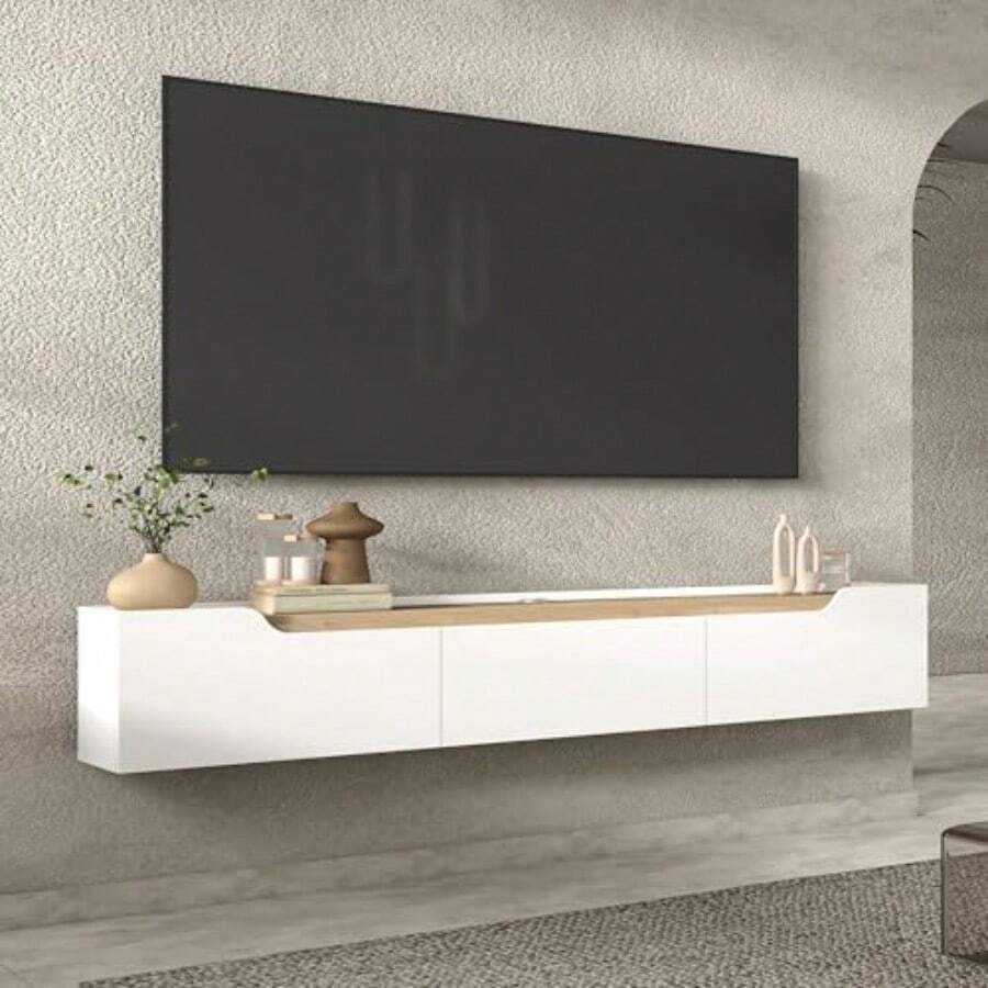 Atelier Mobili Floating TV Stand For 80 Inch TVs Modern Entertainment Center With Cable Management Elegant TV Stands For Living Room Sleek And Stylish Design For Home Decor - 白橡木 - 查看 1