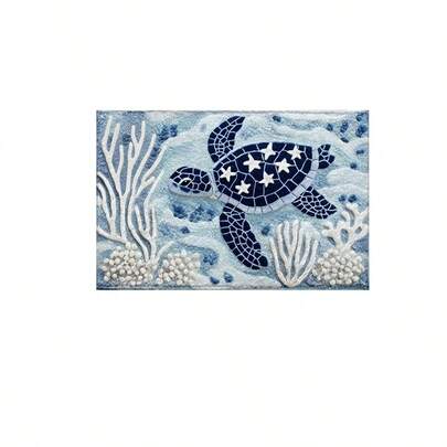 1pc Sea Turtle Pattern Anti-Slip Bath Mat - Faux Sherpa Material, Blue & White Ocean Design, Machine Washable, Suitable For Bathroom, Kitchen And Holiday Decor, Ideal Gift, Bathroom Rug