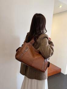 防水商务休闲PU手提包，多口袋设计，带隔层，多功能单肩斜挎包，适合年轻女孩、女大学生、白领和职场新人，完美适用于工作、商务通勤、购物、户外旅行和上学，大容量女包 - 棕色 - 查看 6