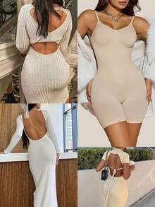 Suprenx 1pc Women's Backless Breathable Shapewear Bodysuit With Tummy Control And Adjustable Straps, Suitable For Layering - Apricot - View 6