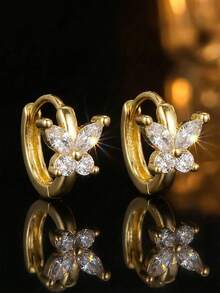 1 Pair Exquisite Sparkling Full Zirconia Butterfly Earrings, Ideal Gift For Kids, Girls, Friends For Party, Vacation, Beach, Festivals, Daily Wear, Birthday, Valentine's Day, Anniversary - Gold - View 3