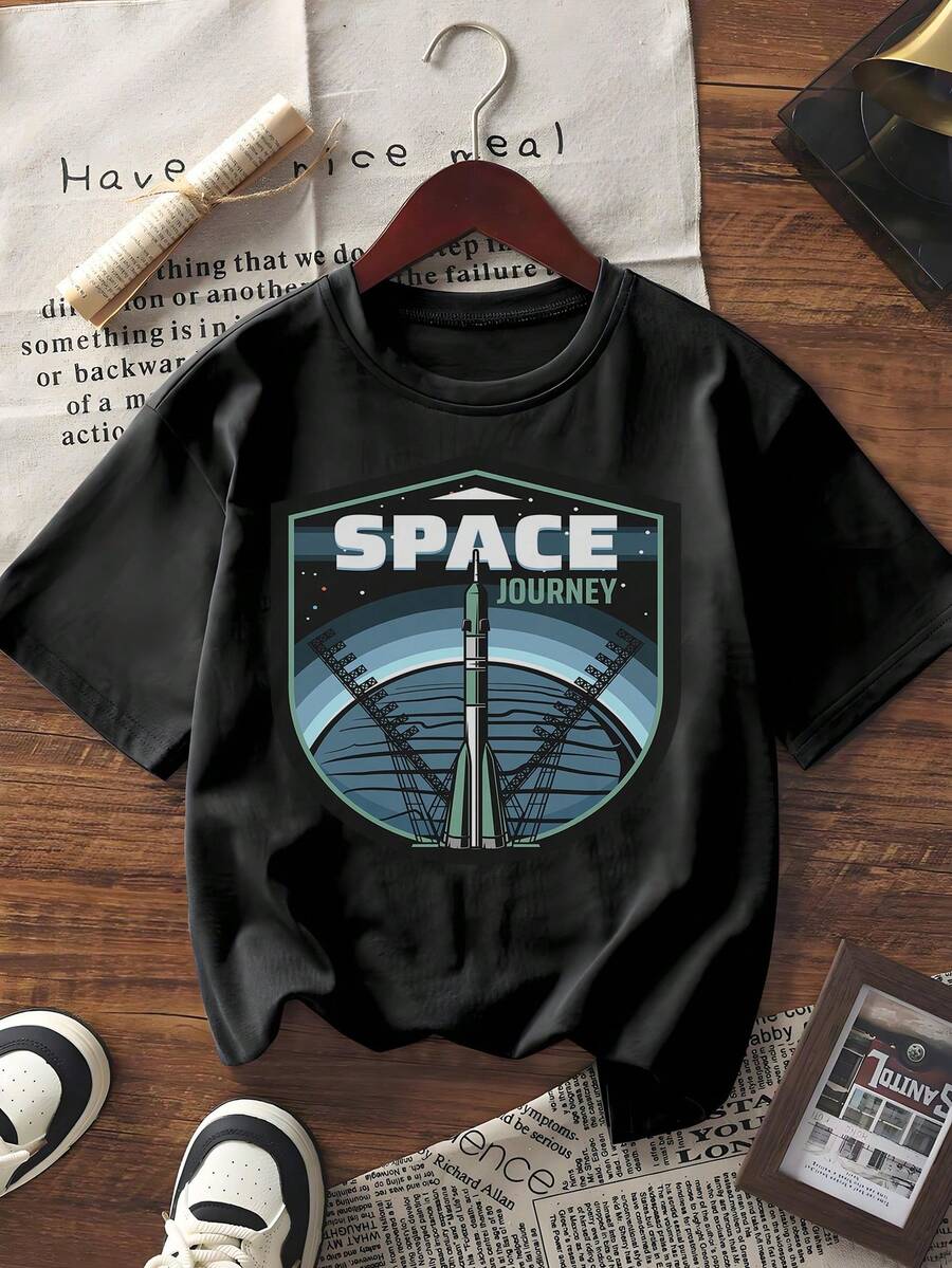 Damen Kurzarm T-Shirt Lässig Rundhals Weltraum Reise Rakete Muster Tee Oberteil Locker Sitzend Sommer Streetwear Mode Grafik Tees für den täglichen Gebrauch - Weiss - Übersicht 1